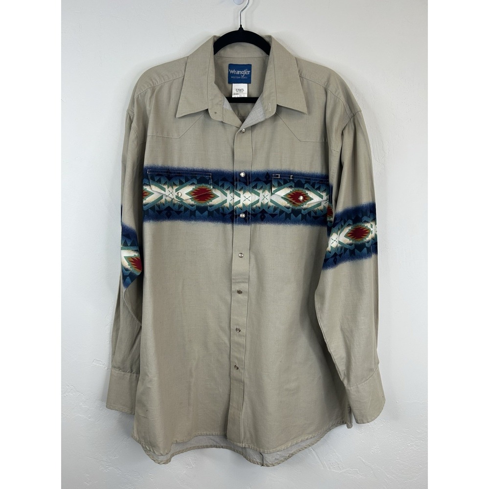 Wrangler Vintage Pearl Snap Long Sleeve Shirt Western Cowboy Southwestern Aztec - Picture 2 of 10